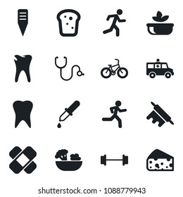 Set of vector isolated black icon - plant label vector, stethoscope, dropper, patch, ambulance car, barbell, bike, run, tooth, caries, salad, bread, rolling pin, cheese