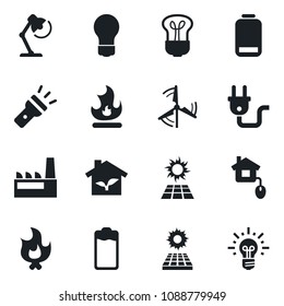 Set of vector isolated black icon - bulb vector, fire, battery, low, torch, desk lamp, sun panel, windmill, factory, home control, eco house, power plug, idea