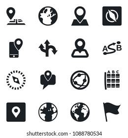 Set of vector isolated black icon - seat map vector, route, navigation, earth, pin, mobile tracking, network, place tag, compass, flag