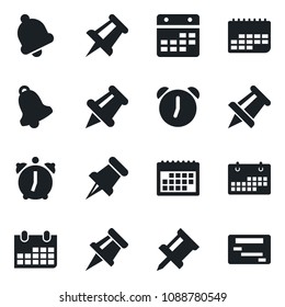Set of vector isolated black icon - drawing pin vector, calendar, term, paper, alarm, bell, schedule