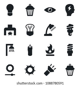Set of vector isolated black icon - brainstorm vector, bulb, fire, sun, garden light, eye, torch, brightness, desk lamp, fireplace, candle, energy saving, outdoor