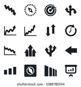 Set of vector isolated black icon - left arrow vector, crisis graph, route, sorting, data exchange, compass, target, up, clock, growth, presentation