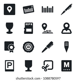 Set of vector isolated black icon - parking vector, pen, stamp, plant label, navigation, fragile, barcode, sd, cut, place tag, sertificate, menu
