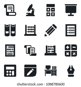 Set of vector isolated black icon - contract vector, book, calculator, abacus, desk, pencil, microscope, notes, presentation board, ink pen