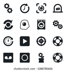 Set of vector isolated black icon - ticket office vector, play button, record, eye id, update, target, washer, flower in pot, omelette, gear, clock, crisis management