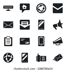 Set of vector isolated black icon - mobile phone vector, mail, office, loudspeaker, network, clipboard, reserved, home message