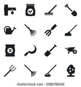 Set of vector isolated black icon - job vector, garden fork, shovel, farm, rake, watering can, wheelbarrow, hoe, sickle, fertilizer, drip irrigation, fruit tree