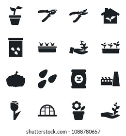 Set of vector isolated black icon - flower in pot vector, seedling, pruner, pumpkin, greenhouse, seeds, fertilizer, tulip, factory, eco house, palm sproute