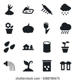 Set of vector isolated black icon - flower in pot vector, seedling, watering, sproute, rain, pumpkin, seeds, tulip, oil barrel, house with tree, pond, rolling pin, water filter