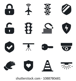 Set of vector isolated black icon - plane radar vector, border cone, glove, hose, heart shield, traffic light, protect, key, lock, surveillance, sprinkler