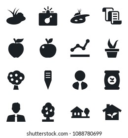 Set of vector isolated black icon - bomb in case vector, contract, seedling, plant label, pond, fertilizer, point graph, house with tree, fruit, estate agent, apple, eco