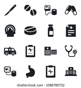 Set of vector isolated black icon - diagnosis vector, stethoscope, blood pressure, pills, ampoule, scalpel, tomography, ambulance car, stomach, pulse clipboard, hospital