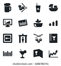 Set of vector isolated black icon - security gate vector, barcode, scanner, monitor statistics, wine card, cocktail, phyto bar, beer, salad, sushi, arrow up graph, growth