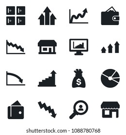 Set of vector isolated black icon - checkroom vector, growth statistic, money bag, crisis graph, store, monitor statistics, pie, consumer search, arrow up, wallet, storefront