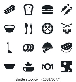 Set of vector isolated black icon - spoon and fork vector, cafe, salad, plates, bacon, waiter, bread, steak, kebab, hamburger, ladle, bowl, sushi, cheese