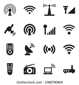 Set of vector isolated black icon - wireless notebook vector, satellite antenna, radio, remote control, cellular signal, router