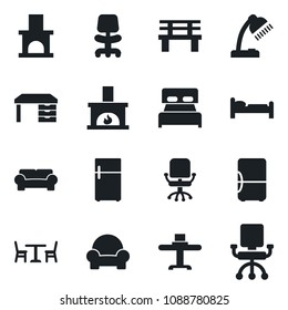 Set of vector isolated black icon - cafe vector, bed, office chair, desk, bench, fireplace, lamp, bedroom, cushioned furniture, restaurant table, fridge