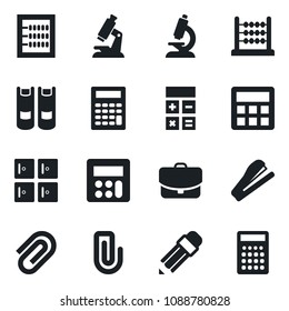 Set of vector isolated black icon - checkroom vector, book, calculator, microscope, paper clip, abacus, pencil, stapler, case