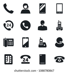 Set of vector isolated black icon - phone vector, office, 24 hours, support, cell, radio, mobile, back, call, sim