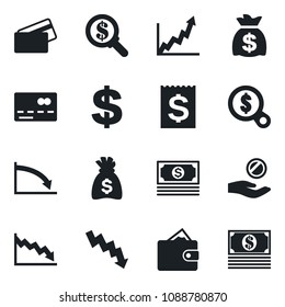 Set of vector isolated black icon - credit card vector, dollar sign, money bag, crisis graph, cash, receipt, wallet, growth, search, investment