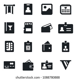 Set of vector isolated black icon - credit card vector, identity, medical calendar, gallery, sd, sim, wine, wallet, pennon