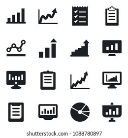 Set of vector isolated black icon - growth statistic vector, monitor, clipboard, statistics, bar graph, pie, checklist, point, presentation