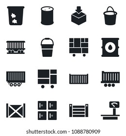 Set of vector isolated black icon - trash bin vector, checkroom, bucket, railroad, truck trailer, cargo container, consolidated, package, oil barrel, heavy scales