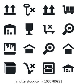 Set of vector isolated black icon - fragile vector, cargo, warehouse storage, up side sign, no trolley, hook, search, scanner, blank box