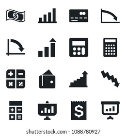 Set of vector isolated black icon - credit card vector, growth statistic, calculator, crisis graph, receipt, bar, wallet, cash, presentation