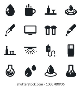 Set of vector isolated black icon - hot cup vector, water drop, dropper, monitor, alcohol, drink, filter, sprinkler, flask