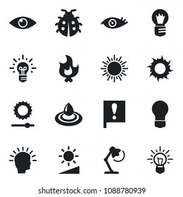 Set of vector isolated black icon - sun vector, bulb, lady bug, fire, eye, important flag, brightness, desk lamp, water, shining head, idea