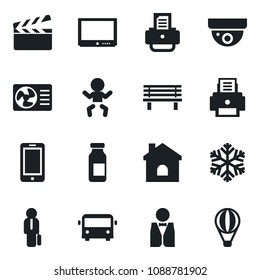Set of vector isolated black icon - airport bus vector, baby, mobile phone, printer, house, bench, ampoule, clapboard, tv, manager, waiter, snowflake, air conditioner, surveillance, balloon