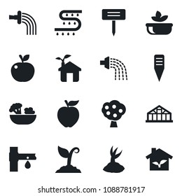 Set of vector isolated black icon - watering vector, sproute, plant label, greenhouse, drip irrigation, fruit tree, salad, apple, eco house