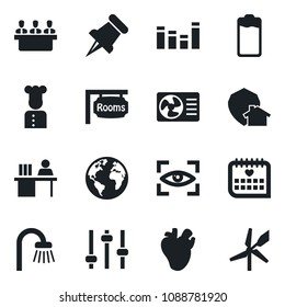 Set of vector isolated black icon - real heart vector, medical calendar, earth, equalizer, paper pin, battery, tuning, manager desk, meeting, rooms, bathroom, cook, air conditioner, eye scan