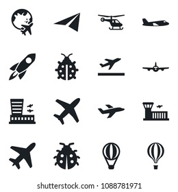 Set of vector isolated black icon - plane vector, departure, helicopter, globe, airport building, lady bug, rocket, paper, air balloon