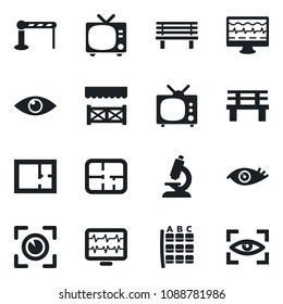 Set of vector isolated black icon - barrier vector, tv, seat map, bench, monitor pulse, microscope, eye, plan, alcove, scan