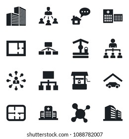 Set of vector isolated black icon - hierarchy vector, well, molecule, hospital, office building, garage, plan, home message