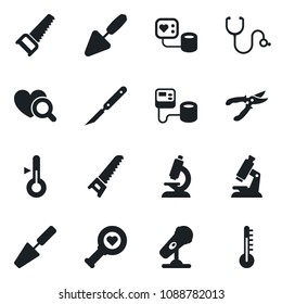 Set of vector isolated black icon - trowel vector, pruner, saw, stethoscope, blood pressure, heart diagnostic, microscope, scalpel, microphone, thermometer