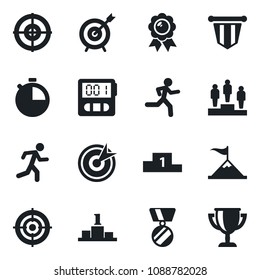Set of vector isolated black icon - pedestal vector, pennant, medal, run, stopwatch, target, motivation, award cup