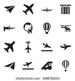 Set of vector isolated black icon - plane vector, radar, departure, arrival, ladder car, boarding, helicopter, flight table, globe, paper, air balloon