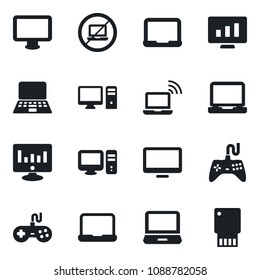 Set of vector isolated black icon - no laptop vector, wireless notebook, pc, statistic monitor, gamepad, usb flash