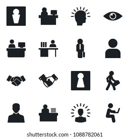 Set of vector isolated black icon - male vector, female, handshake, manager place, eye, user, desk, shining head, man with notebook