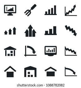 Set of vector isolated black icon - crisis graph vector, garden fork, warehouse storage, monitor statistics, bar, arrow up, growth