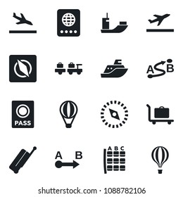 Set of vector isolated black icon - suitcase vector, departure, arrival, baggage trolley, passport, larry, seat map, sea shipping, route, compass, air balloon