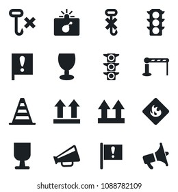 Set of vector isolated black icon - barrier vector, bomb in case, border cone, important flag, traffic light, fragile, up side sign, no hook, flammable, loudspeaker