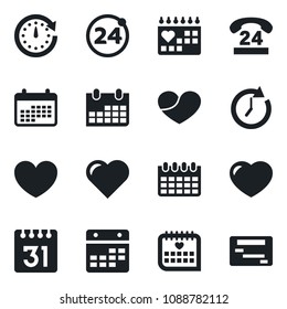 Set of vector isolated black icon - 24 around vector, calendar, heart, medical, hours, clock, schedule