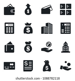 Set of vector isolated black icon - credit card vector, checkroom, money bag, receipt, office building, combination lock, wallet, investment