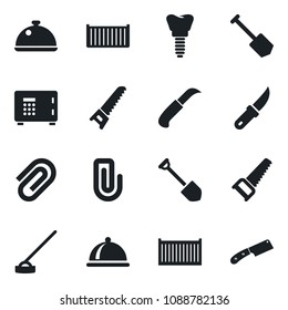 Set of vector isolated black icon - safe vector, job, saw, hoe, garden knife, implant, cargo container, paper clip, dish