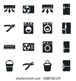 Set of vector isolated black icon - bucket vector, pruner, washer, air conditioner, fridge
