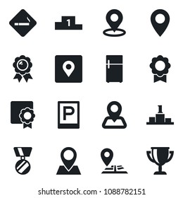Set of vector isolated black icon - parking vector, smoking place, medal, navigation, pin, tag, sertificate, fridge, pedestal, award cup